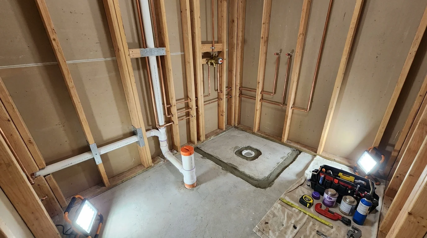 Bathroom rough-in plumbing during remodel by Johns Plumbing LLC in Chicago