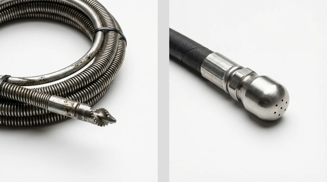 Drain snake cable and hydro jetting nozzle used for drain cleaning in Chicago, IL