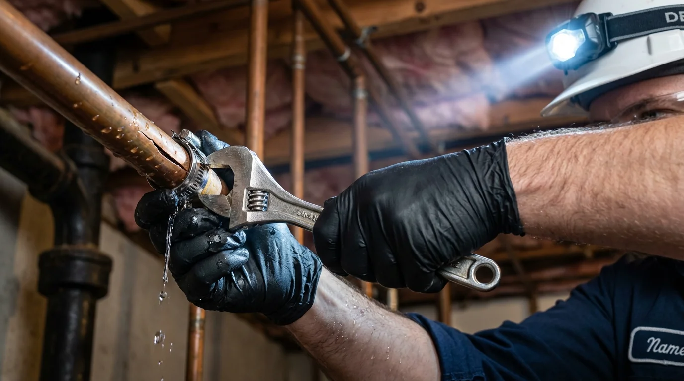 Emergency pipe clamp repair being performed by a Johns Plumbing LLC plumber in Chicago