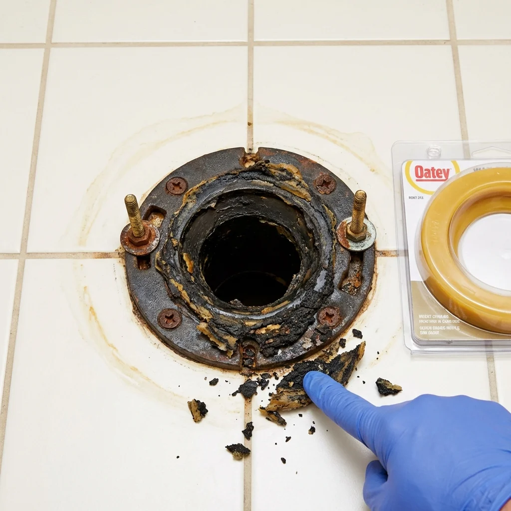 Failed wax ring showing water seepage at the base of a toilet in a Chicago, IL home