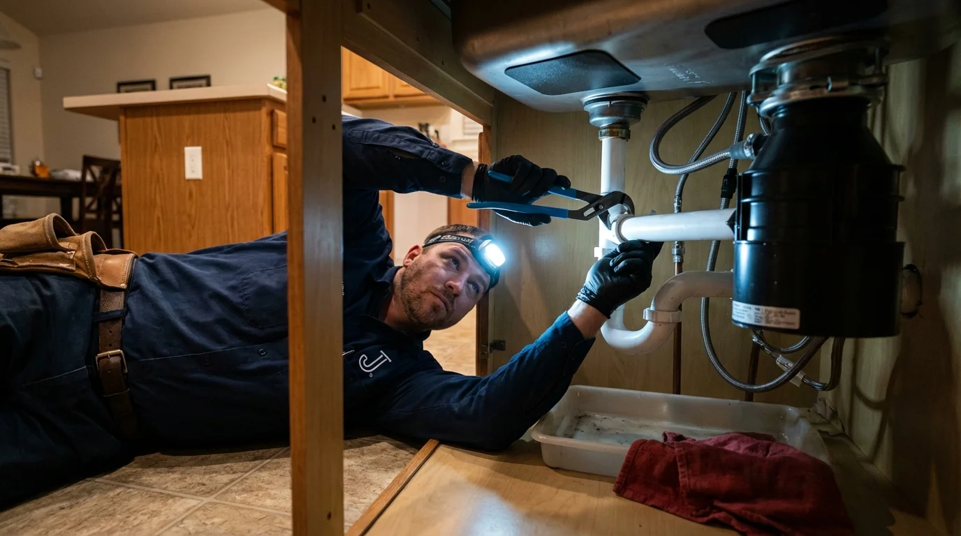 P-trap and supply line connections under a kitchen sink showing a common leak point in Chicago, IL